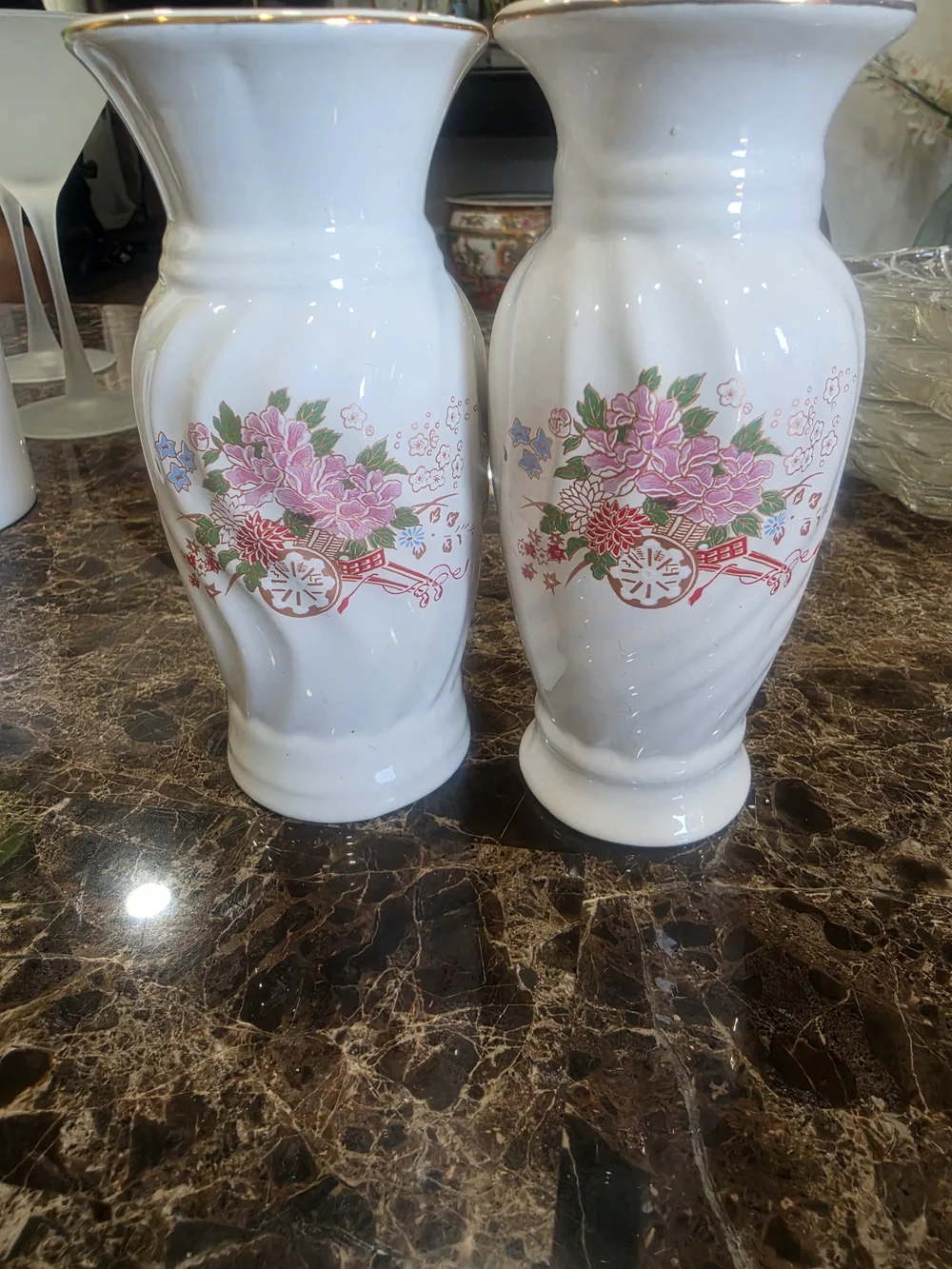 Source Unknown White Porcelain Vases with Pink Floral Cartwheel Motif